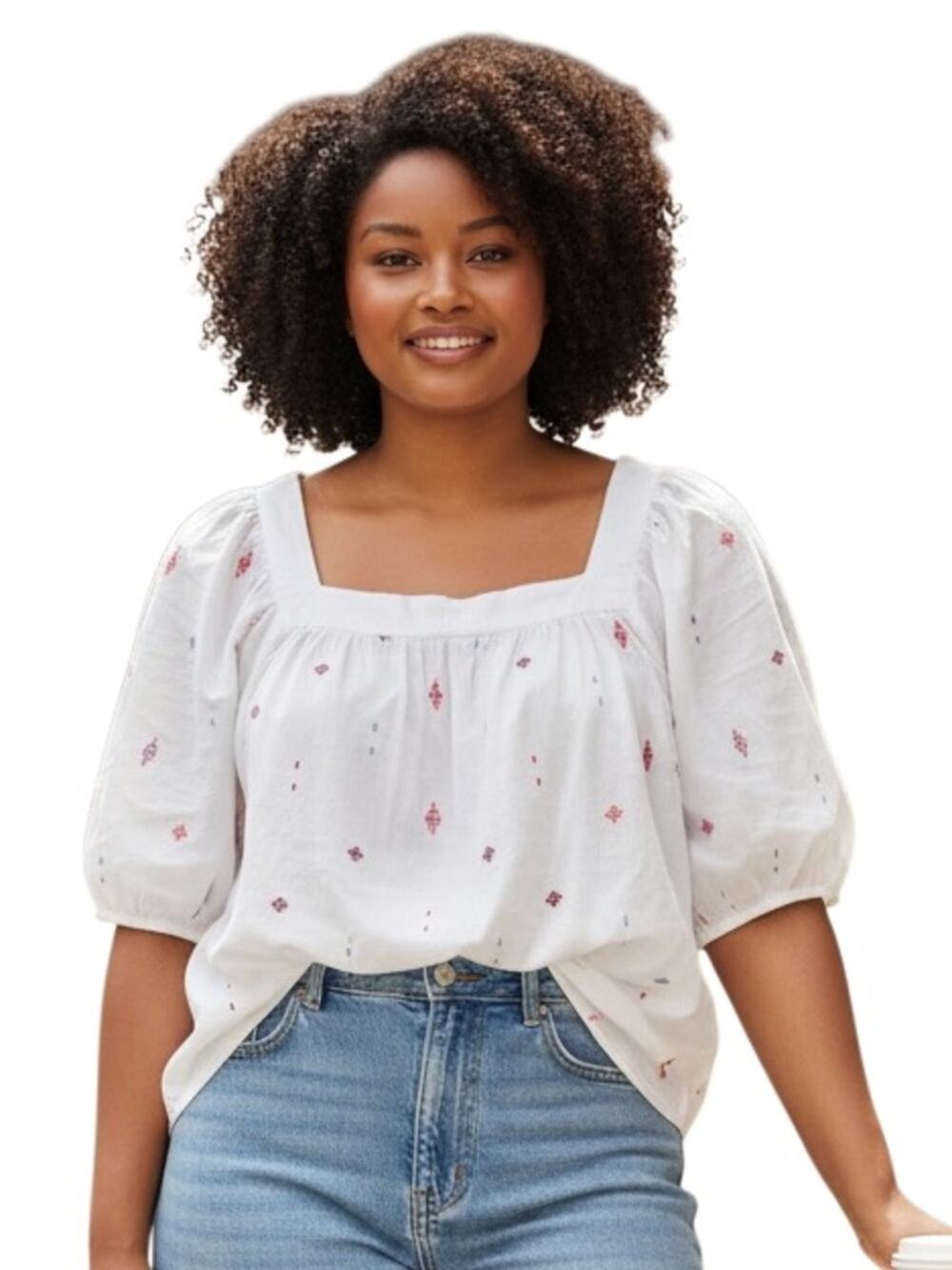 Westbound Boho Square-Neck Puff-Sleeve Top - White with Red Embroidery 2X